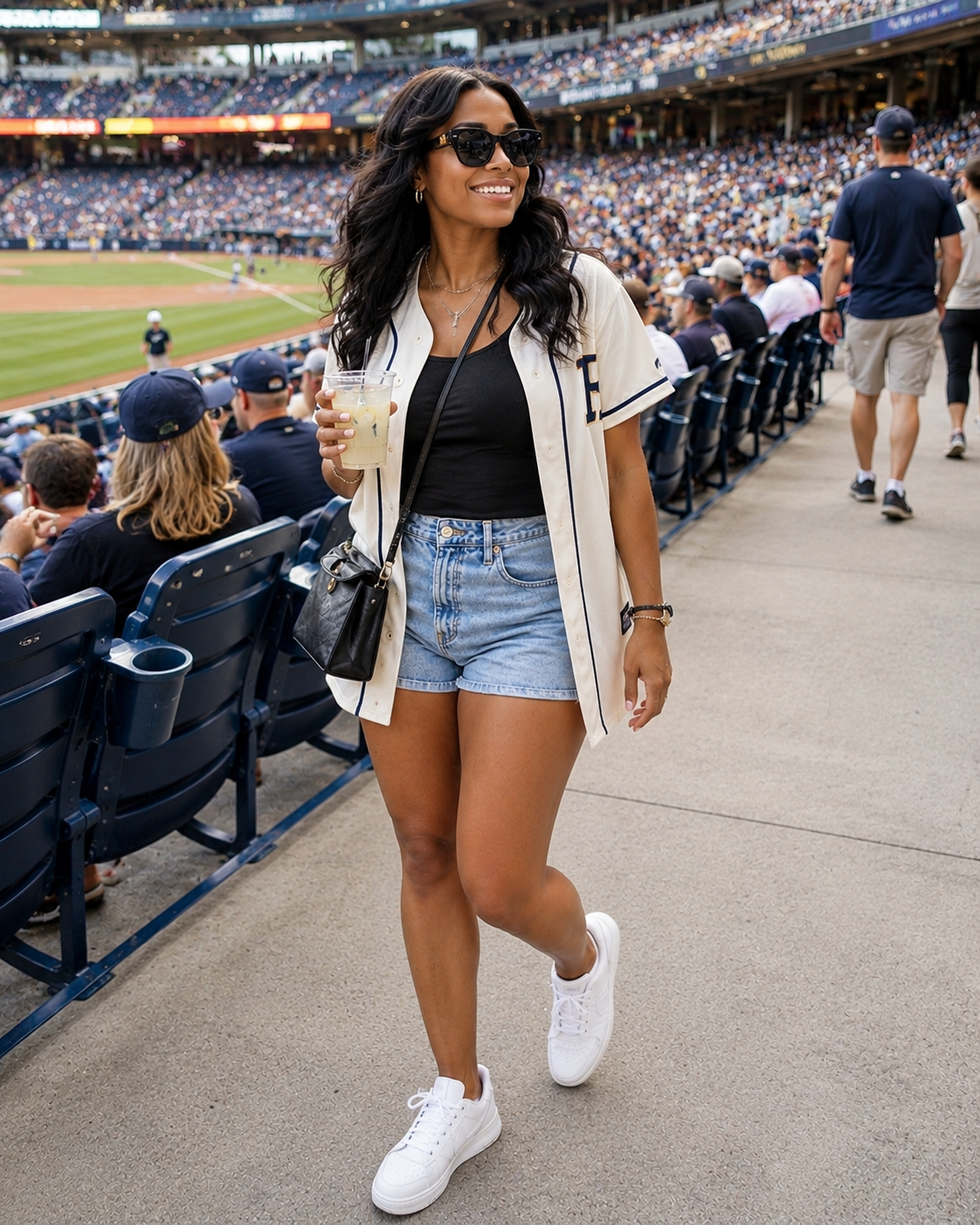 Black American woman wearing a retro baseball jersey, denim shorts, white sneakers, sunglasses, and a crossbody bag at a baseball game