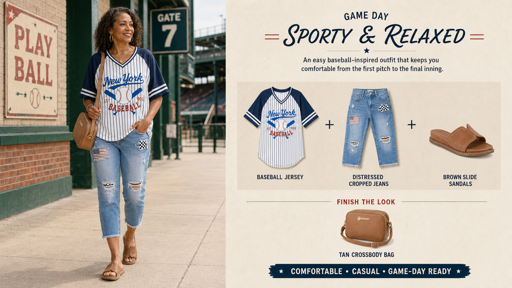 Sporty baseball game outfit featuring a New York baseball jersey, distressed cropped jeans, brown slide sandals, and a tan crossbody bag