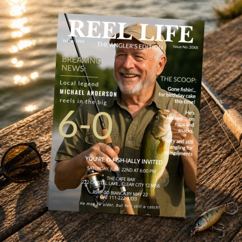 Reel Life fishing magazine 60th birthday party invitation
