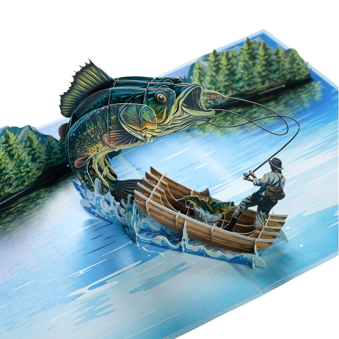 Three-dimensional fishing pop-up card featuring a fisherman and large catch