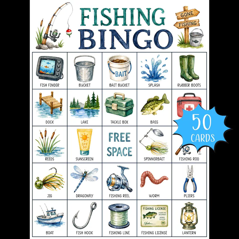 Printable fishing bingo game for an adult fishing birthday party
