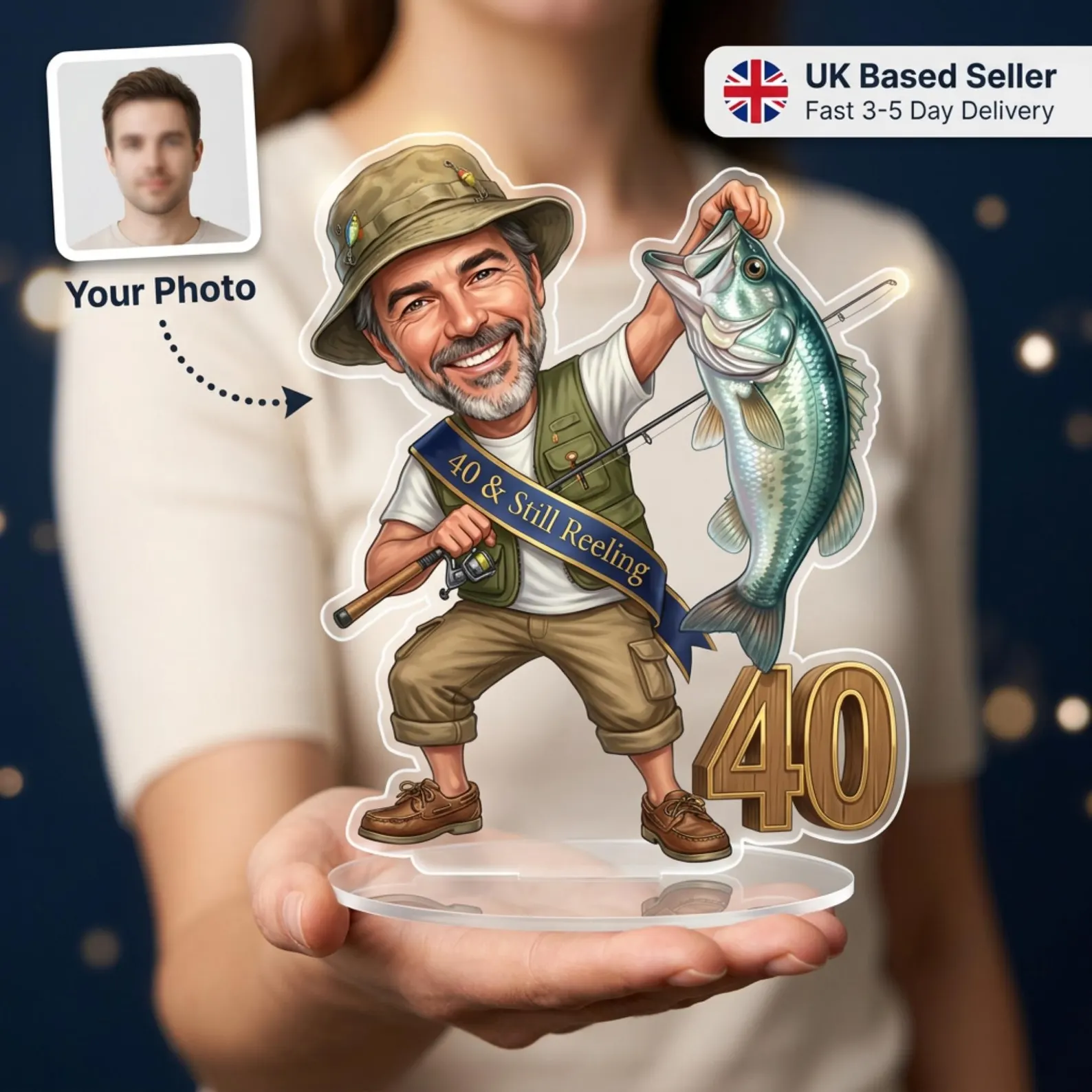 Personalized fishing birthday caricature cake topper