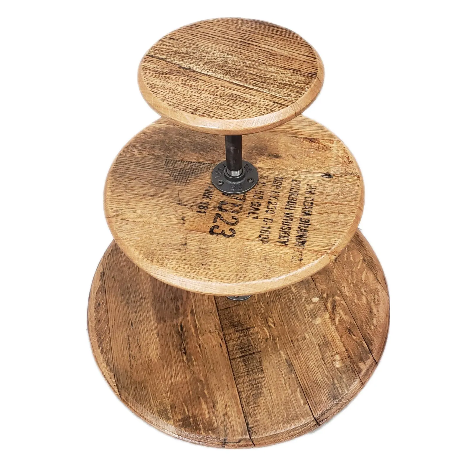 Rustic three-tier bourbon barrel cupcake and dessert stand