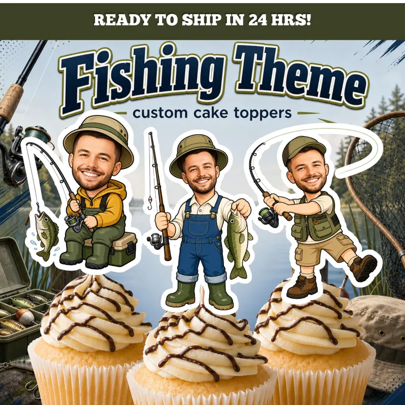 Custom fishing photo cupcake toppers