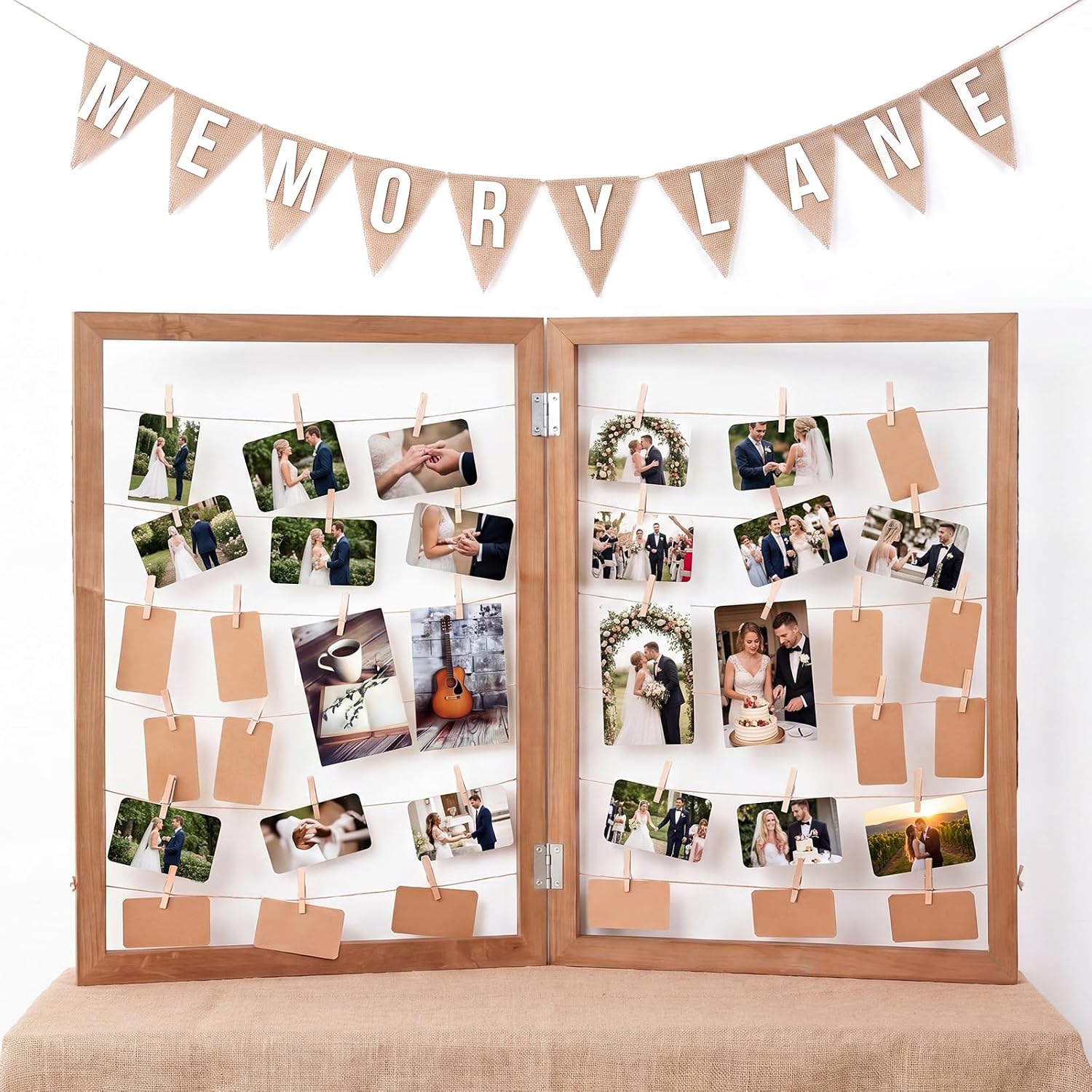 Wooden photo display stand with clips for fishing photographs
