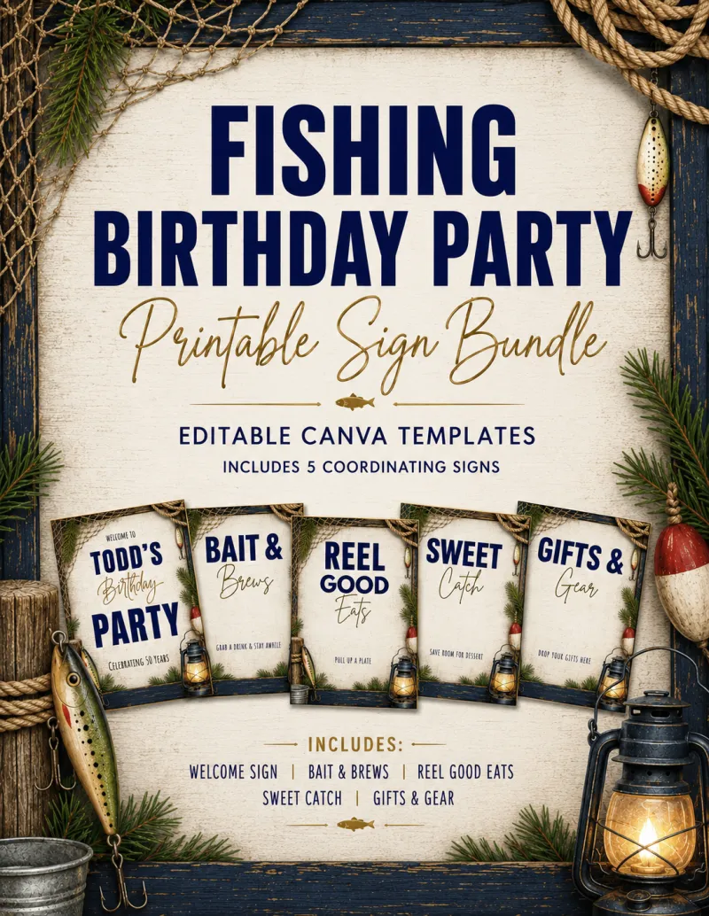 Editable fishing birthday party printable sign bundle