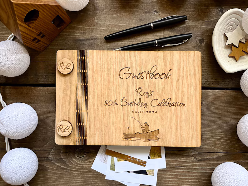 Fishing-themed guest book for birthday wishes and memories