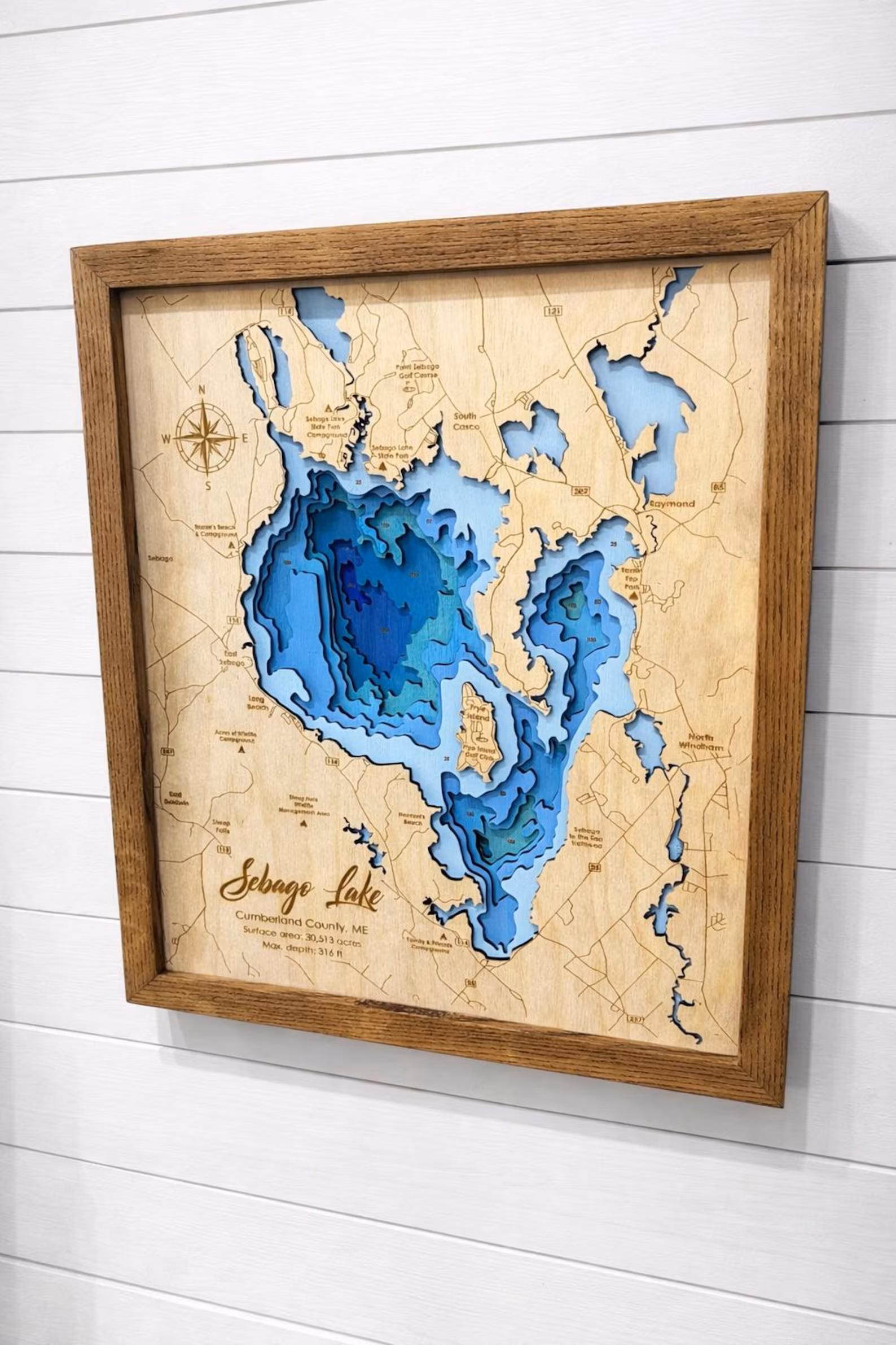 Personalized laser-cut depth map of a favorite fishing lake