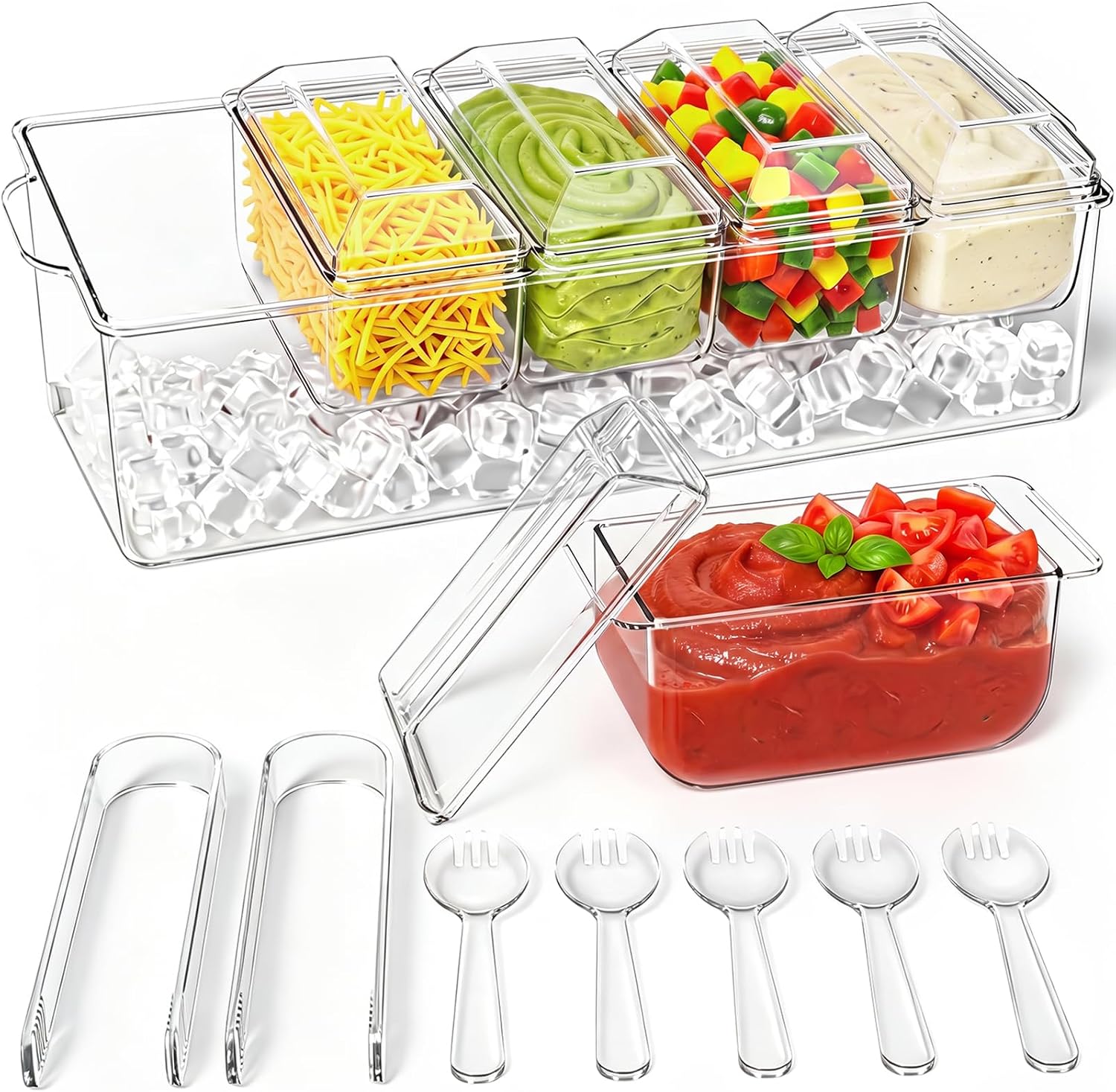 Chilled condiment serving station for sauces and toppings at an outdoor party