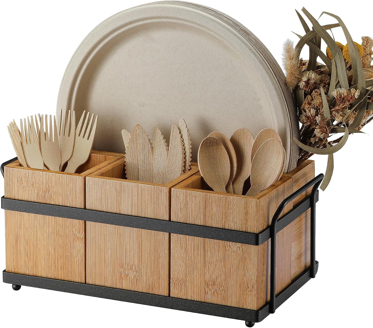 Wood and black metal utensil caddy for an outdoor birthday buffet