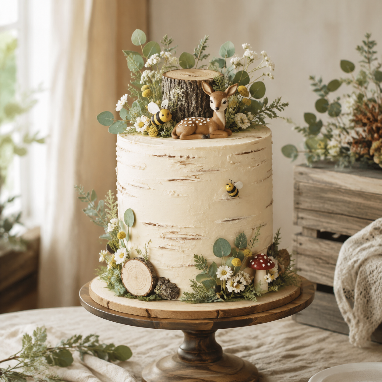 Elegant woodland cake centerpiece for a Pooh Bear baby shower
