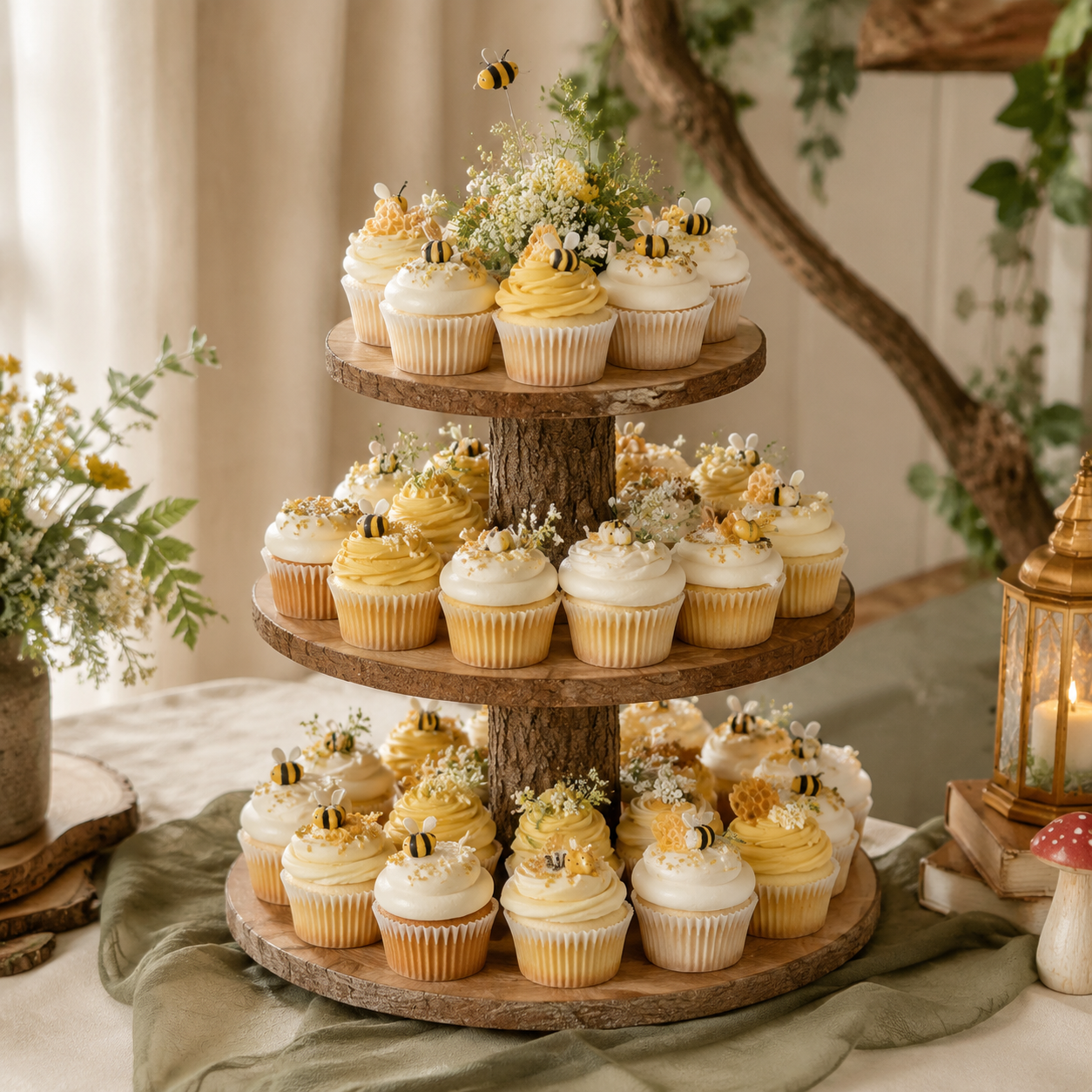 Woodland bee cupcake tower for a Pooh Bear baby shower