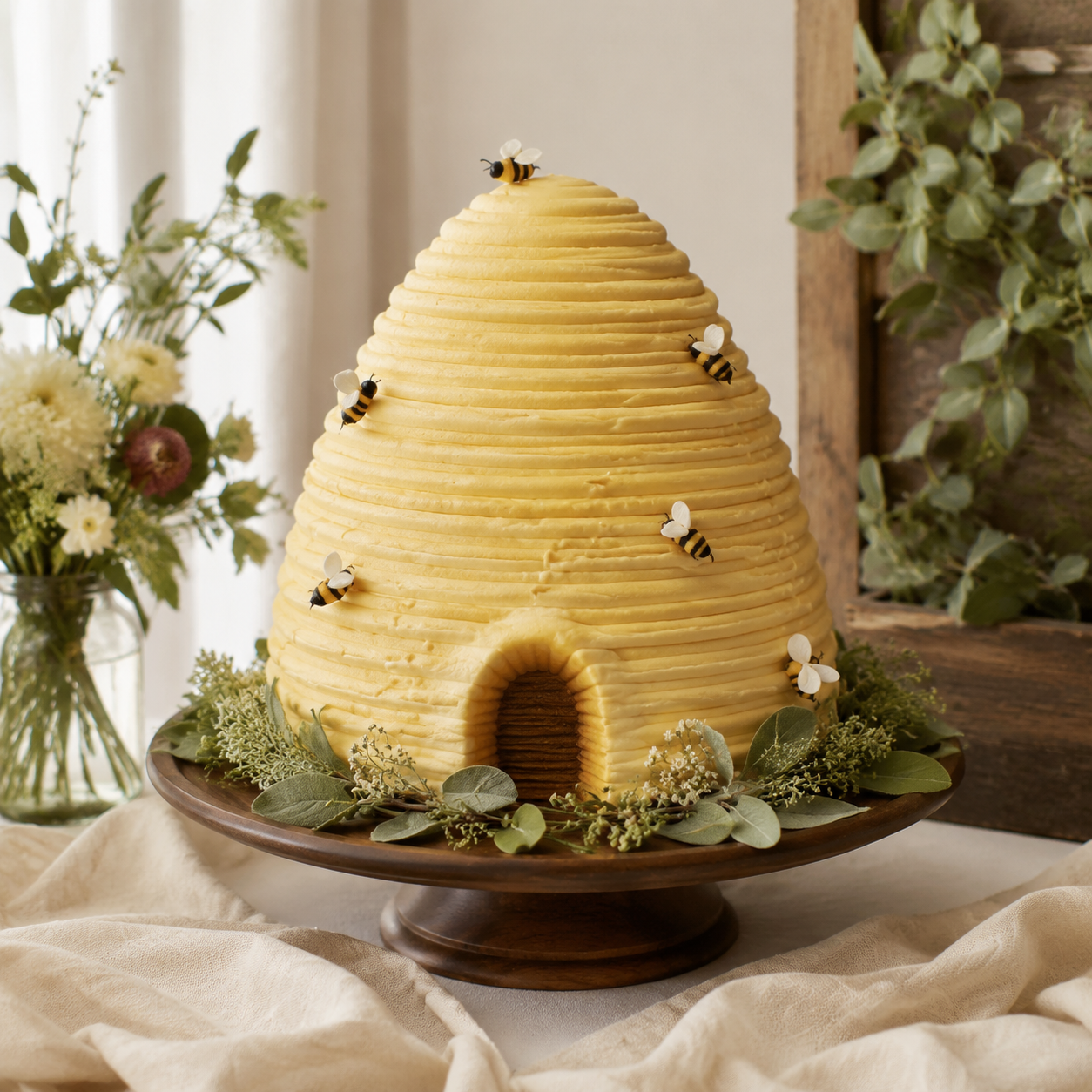 Woodland beehive cake with edible bees for a Pooh Bear baby shower