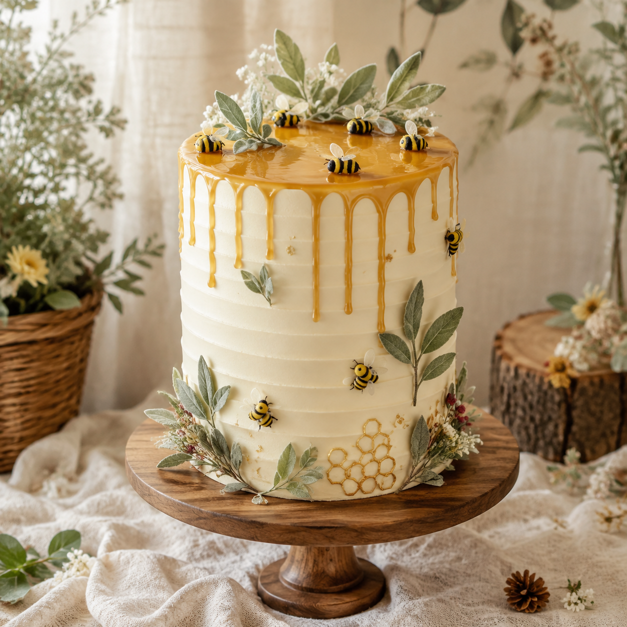 Woodland honey-drip cake centerpiece for a Pooh Bear baby shower