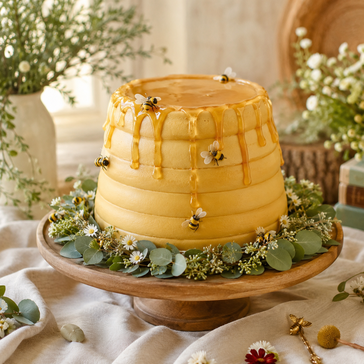Woodland honey-pot cake centerpiece for a Pooh Bear baby shower