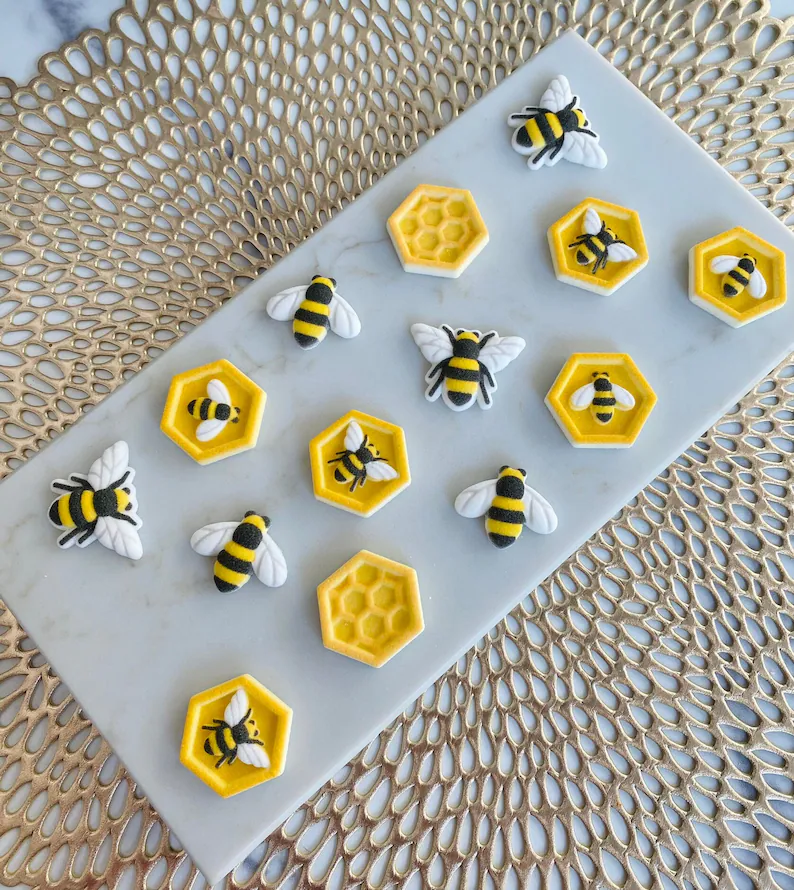 Edible sugar honeybee decorations for cakes and cupcakes