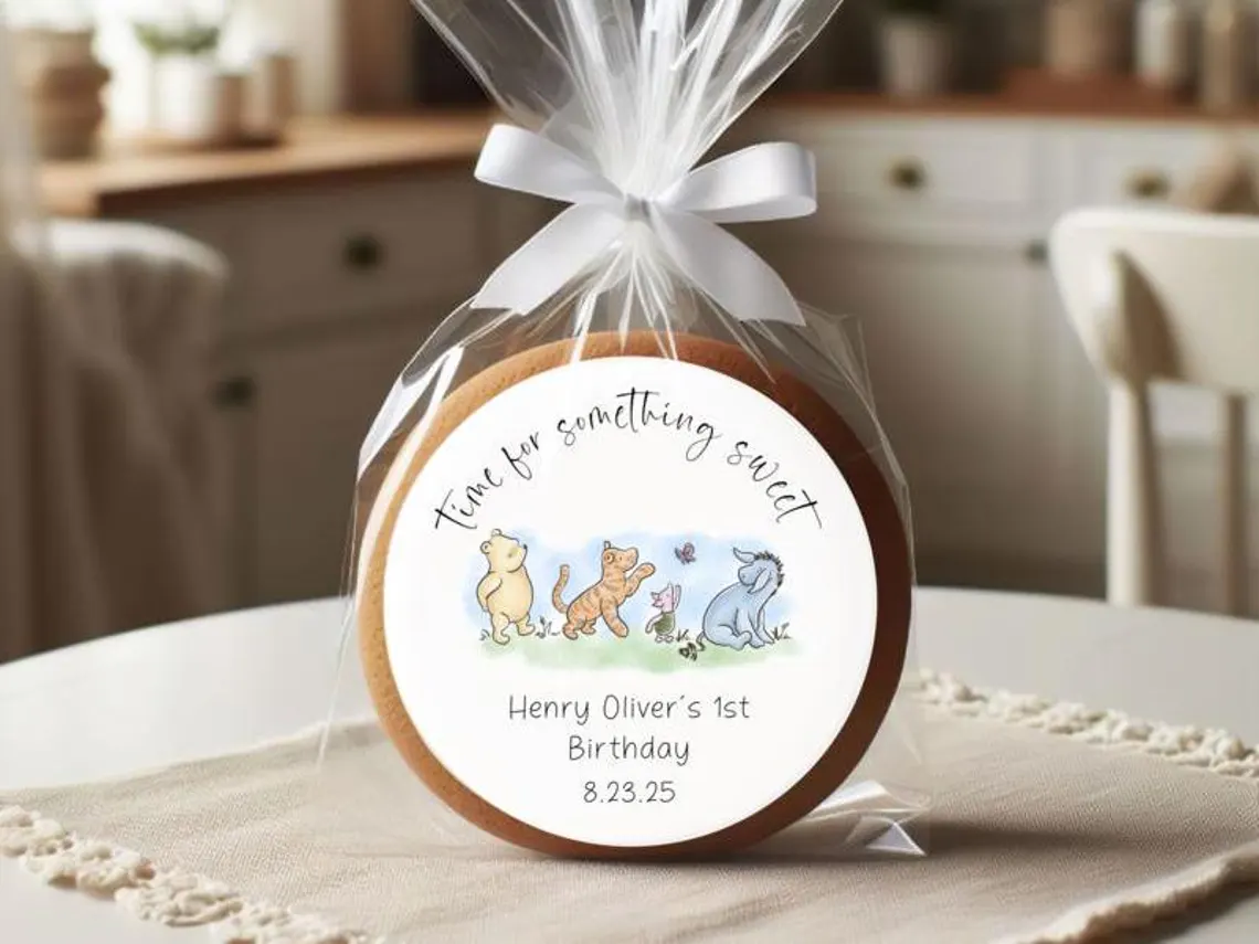 Classic Pooh Bear adhesive stickers for baby shower treat bags