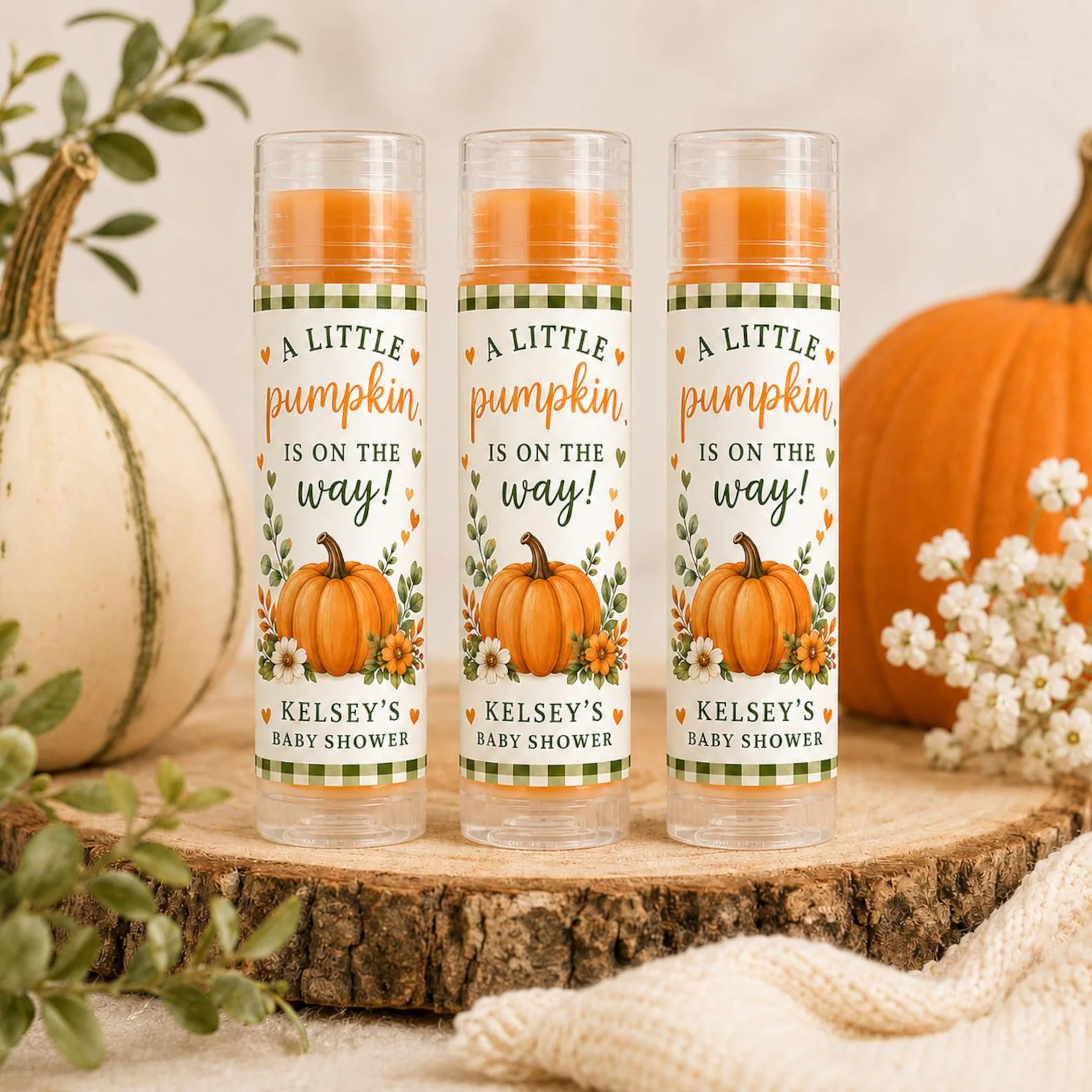 Pumpkin lip balm for Halloween baby shower favors