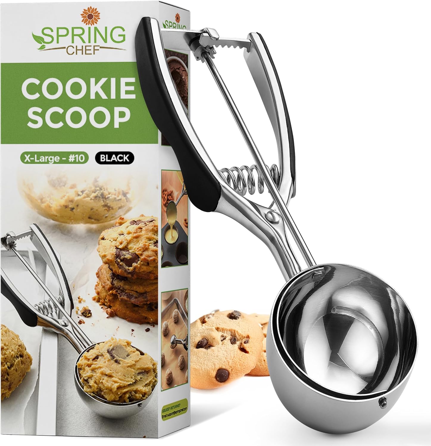 Spring-loaded scoop for portioning cupcake batter