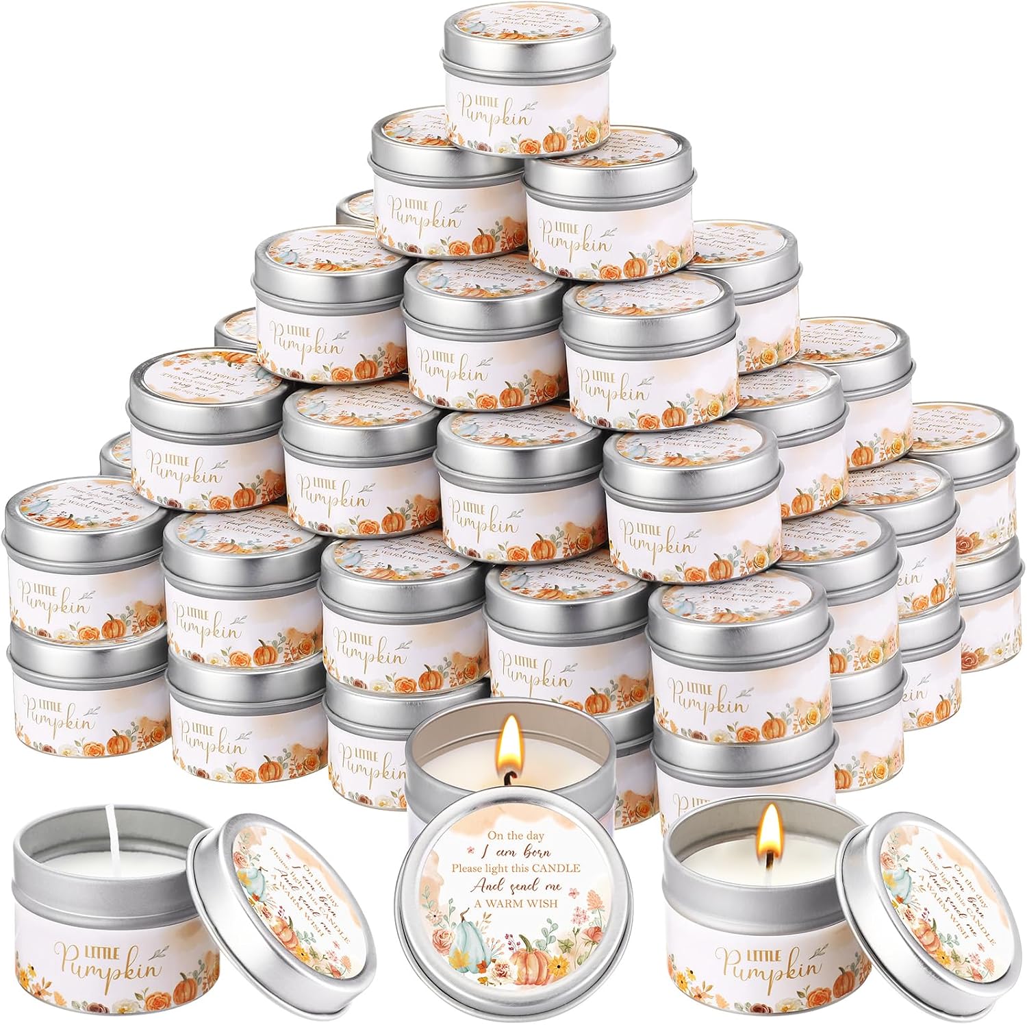 Small candle tins for Halloween baby shower favors
